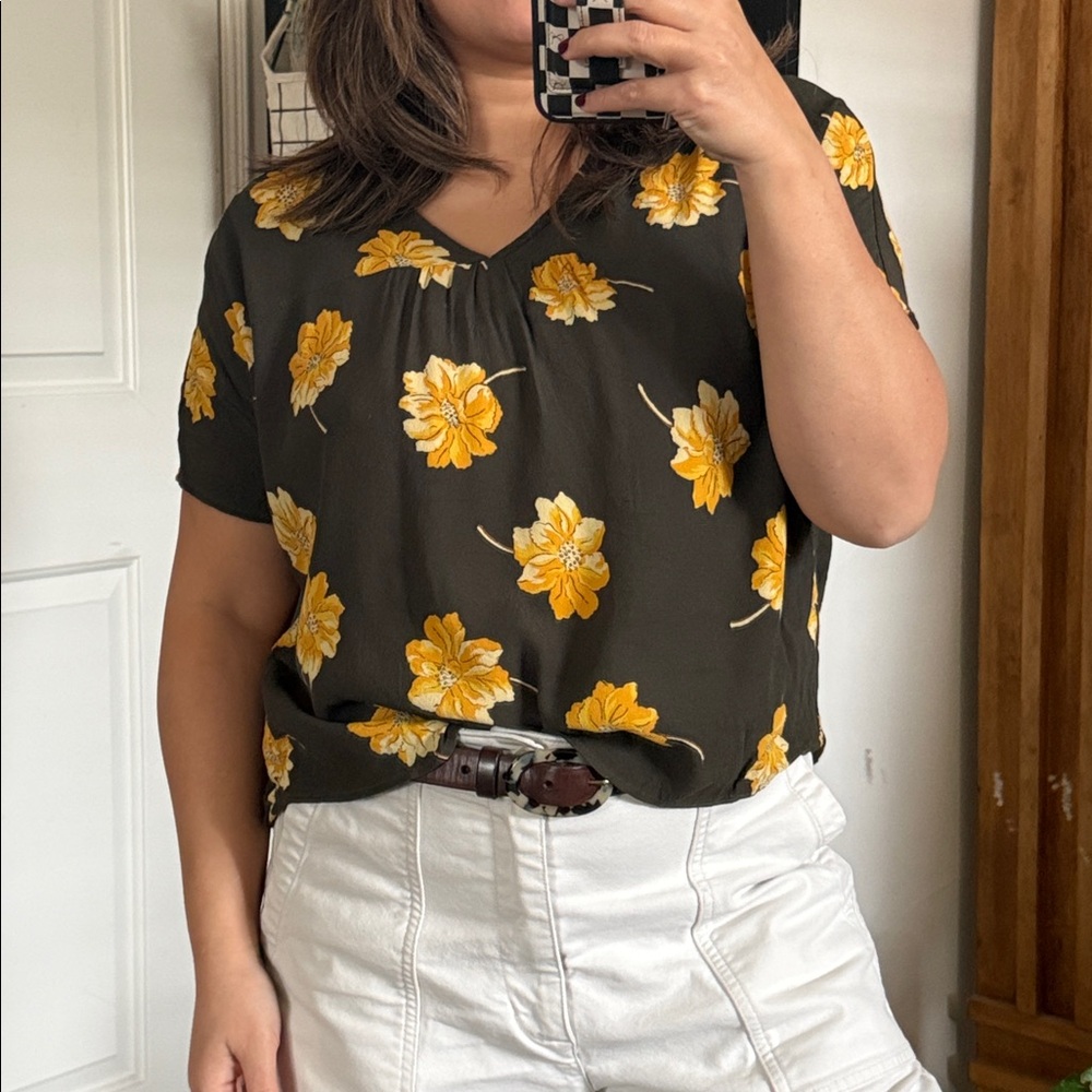 Madewell Olive Green Floral V-Neck Blouse with Yellow Flowers